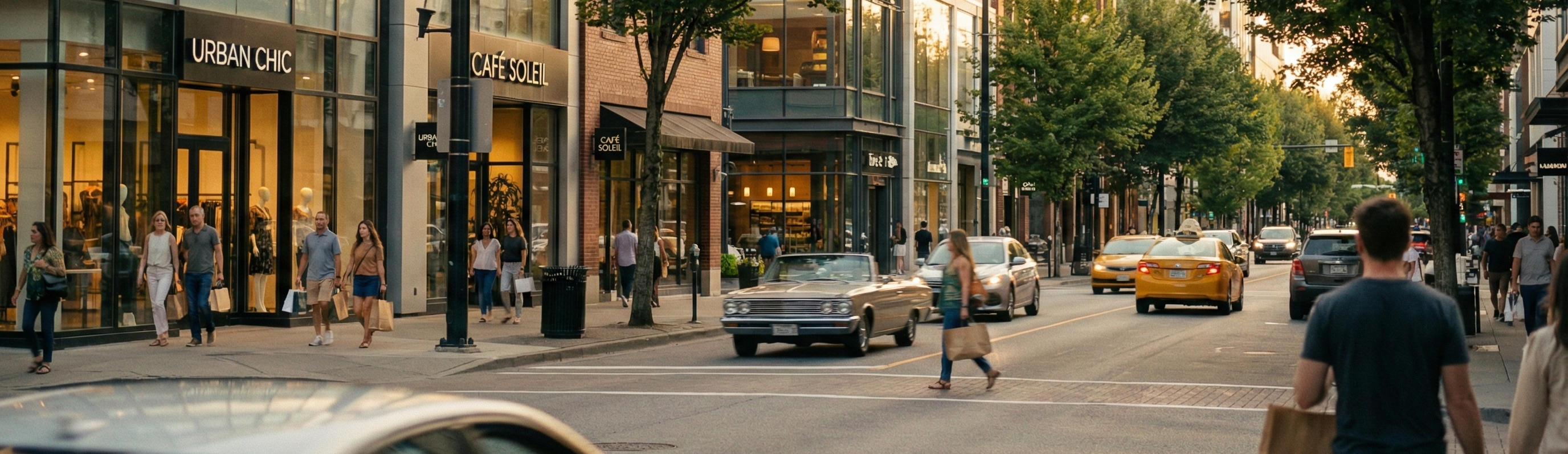 City street scene with pedestrians, cars, and storefronts including Urban Chic.